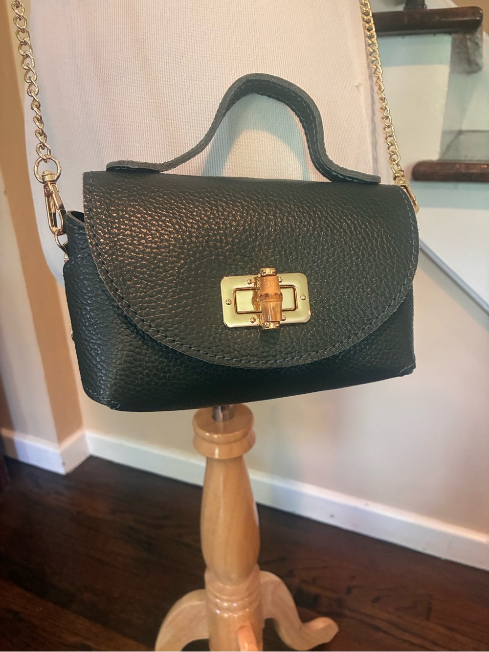 Vera Pelle Olive Green Pebbled Leather Convertible Bag with Gold Hardware
